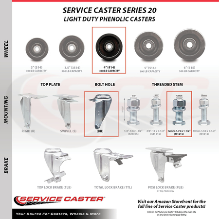Service Caster 4 Inch Phenolic Wheel Swivel 12mm Threaded Stem Caster Set SCC-TS20S414-PHS-M1215-4